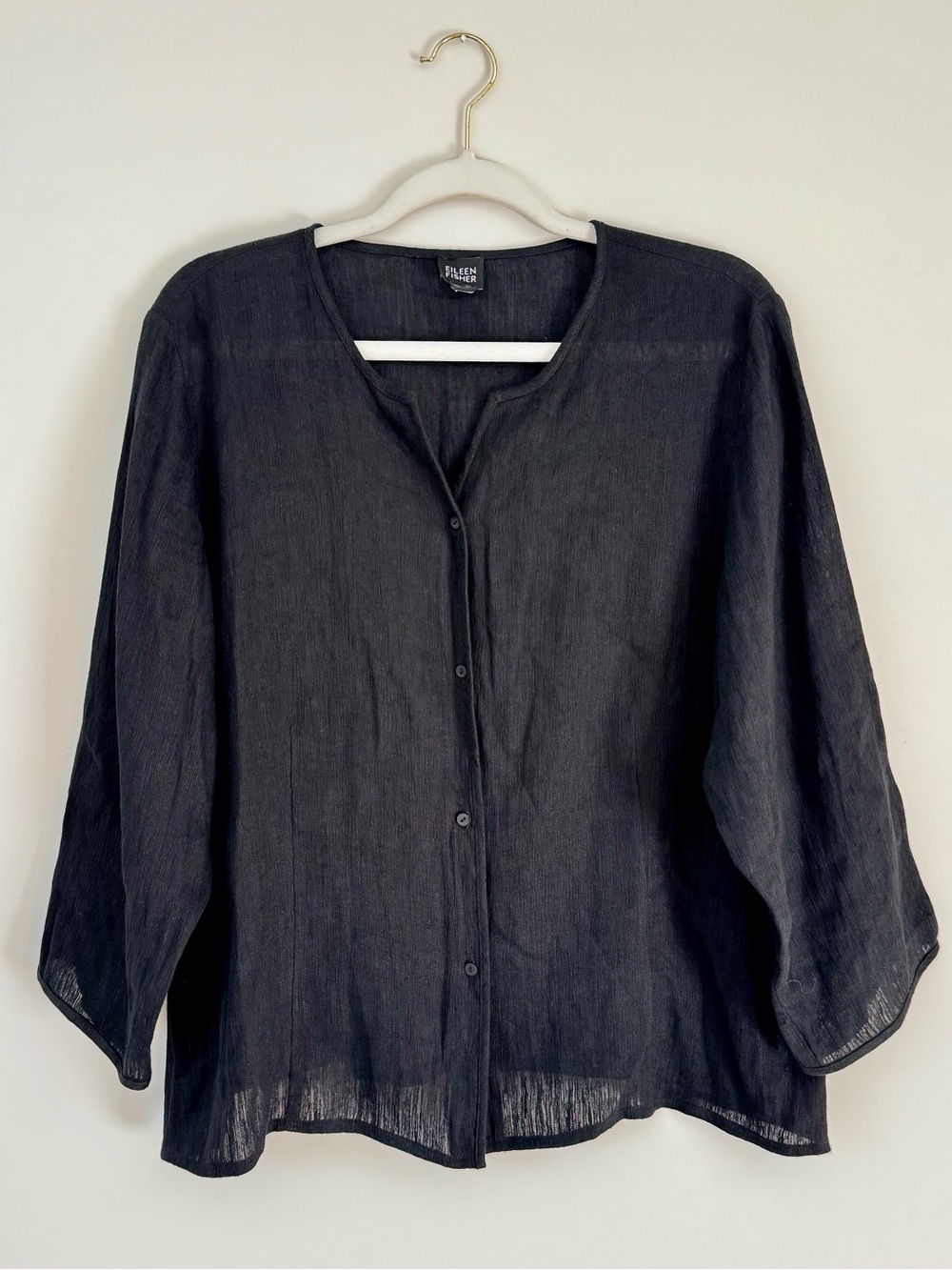 Eileen Fisher Linen Cotton Blend 3/4 Sleeve Button Down Top, Black – Size XL